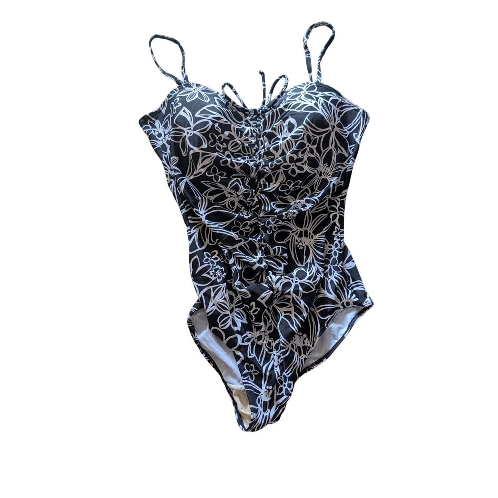 Suit Yourself Tummy Thinner One Piece Swimsuit Black White Floral Ruched Size 14